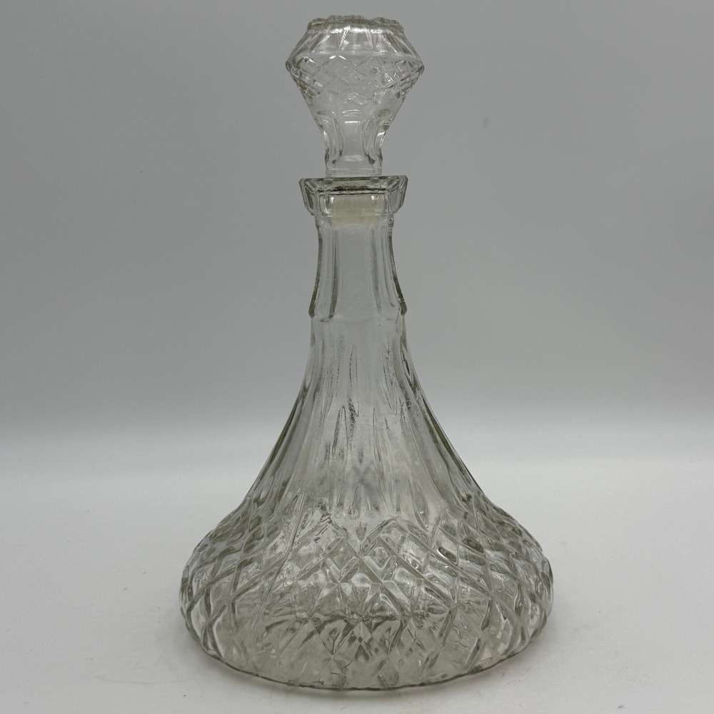 Vintage Clear Pressed Glass Decanter with Diamond Point Pattern and Stopper